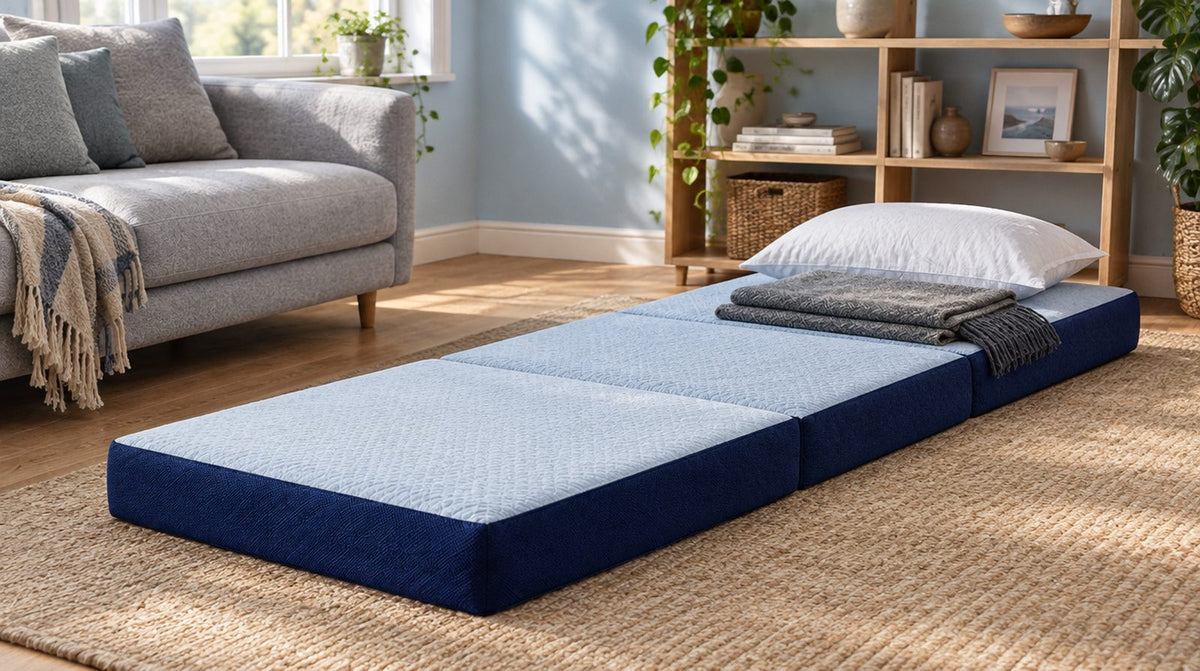 Materasso pieghevole in 3 parti aperto con cuscino e coperta come letto per ospiti in soggiorno